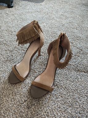 Joie Fringe Ankle-Strap Heels in Tan Brown
